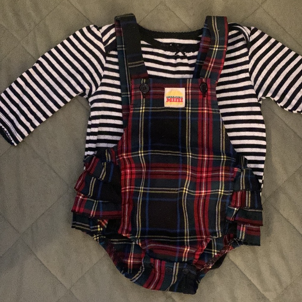 Harajuku mini To die for cuteness! 9 month plaid overall ruffle butt romper